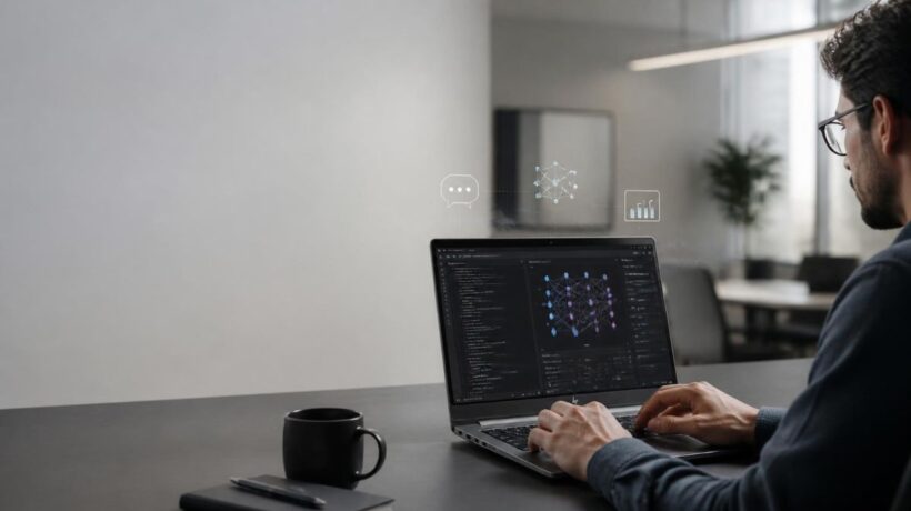 professional software engineer working at a desk with an HP ZBook-style professional workstation laptop