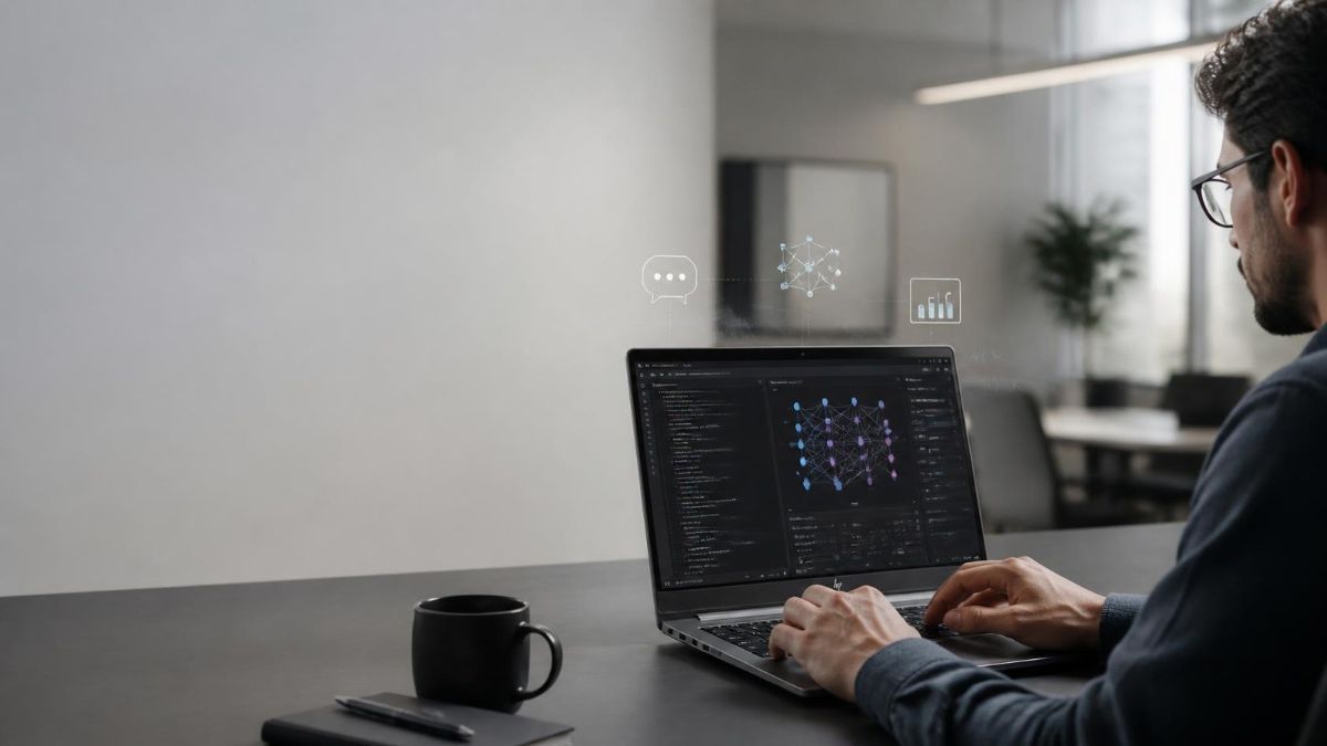 professional software engineer working at a desk with an HP ZBook-style professional workstation laptop