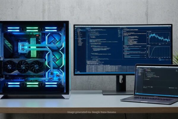 A powerful desktop AI system with glowing internal components and a large monitor sitting beside a sleek, thin laptop to illustrate the choice between stationary AI development and portability.