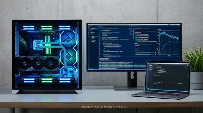 A powerful desktop AI system with glowing internal components and a large monitor sitting beside a sleek, thin laptop to illustrate the choice between stationary AI development and portability.