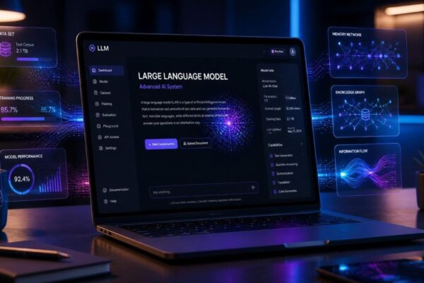 A high-end laptop displaying a large language model interface, surrounded by memory/data graphics.