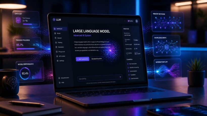 A high-end laptop displaying a large language model interface, surrounded by memory/data graphics.