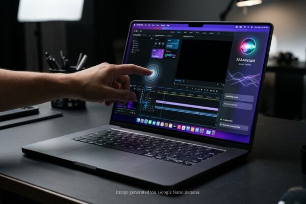 A redesigned MacBook Pro with a glowing OLED touchscreen and subtle AI model interface.