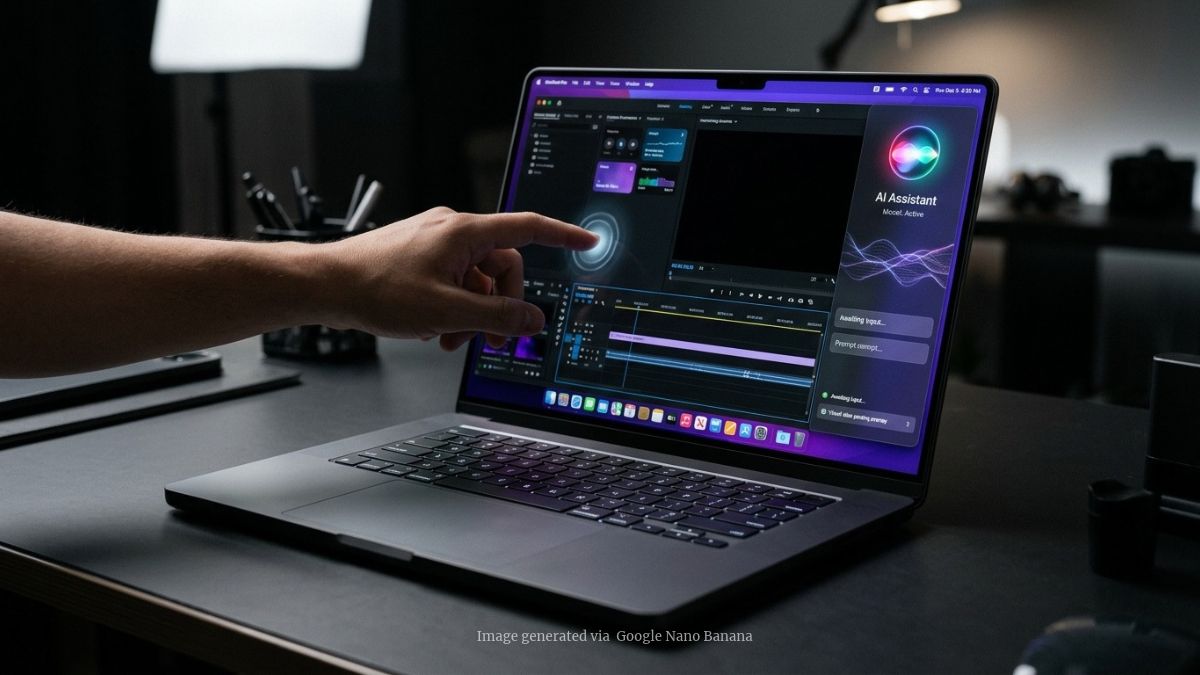 A redesigned MacBook Pro with a glowing OLED touchscreen and subtle AI model interface.