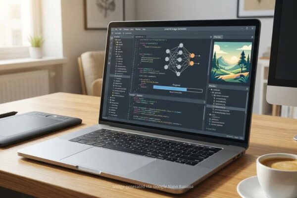 A premium creator laptop beside a local AI image-generation workflow on screen.