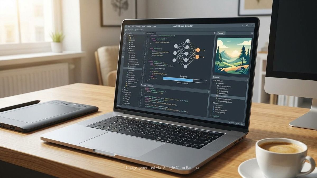 A premium creator laptop beside a local AI image-generation workflow on screen.