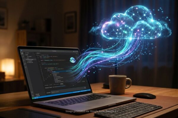 A laptop displaying GitHub Copilot with a visual connection between the laptop and a cloud.