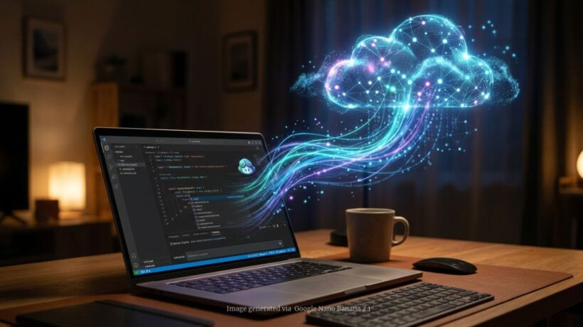 A laptop displaying GitHub Copilot with a visual connection between the laptop and a cloud.