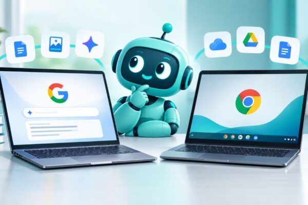 Two laptops representing Googlebook and Chromebook sit side by side, with the robot between them, illustrating their differences for AI work.