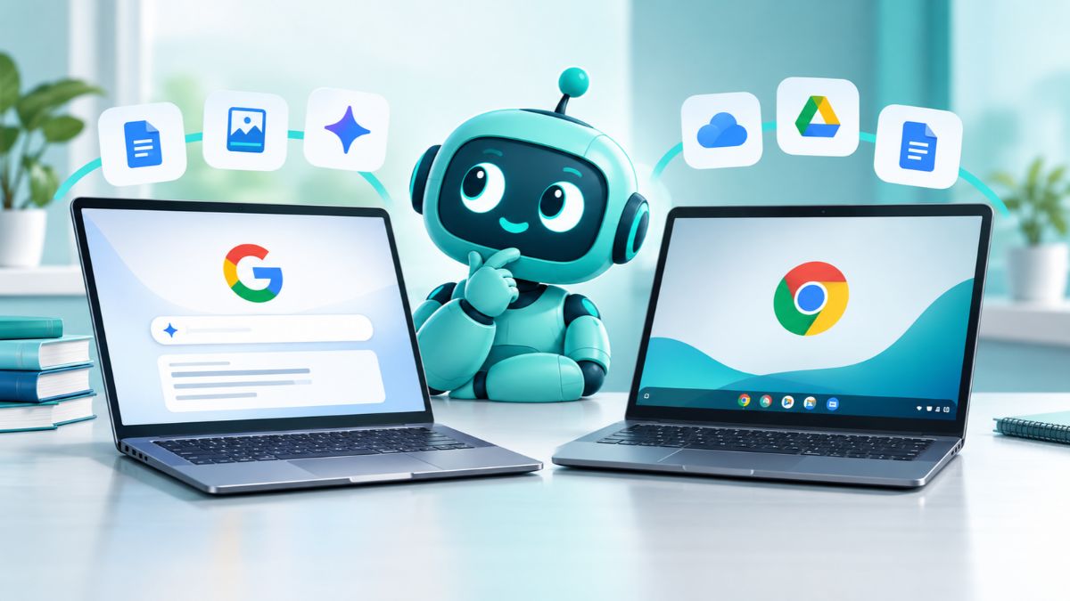 Two laptops representing Googlebook and Chromebook sit side by side, with the robot between them, illustrating their differences for AI work.