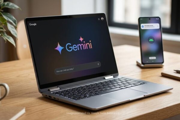 A sleek Googlebook laptop open on a clean wooden desk, the screen prominently displays the colorful Gemini AI logo and interface