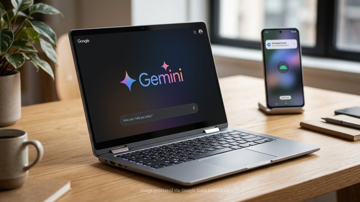 A sleek Googlebook laptop open on a clean wooden desk, the screen prominently displays the colorful Gemini AI logo and interface