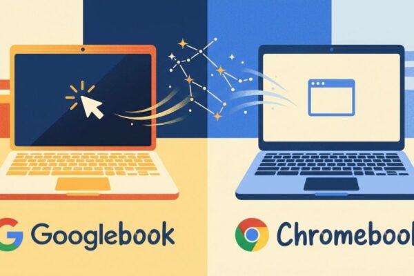 A split illustration of two laptops, one labeled "Googlebook" with a small glowing cursor icon and one labeled "Chromebook" with a simple browser icon, a Gemini-style sparkle between them