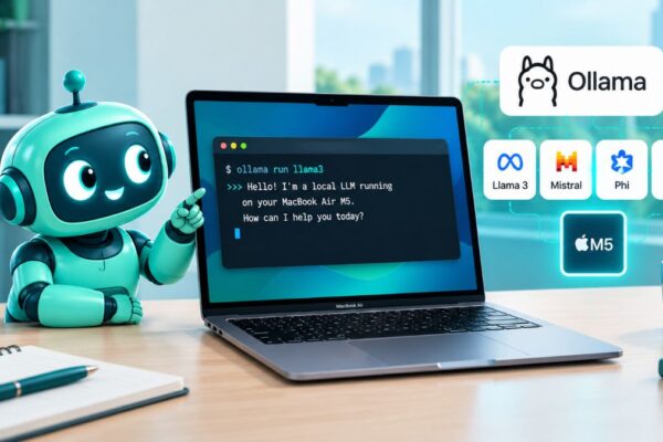 a robot pointing on a laptop with a program running