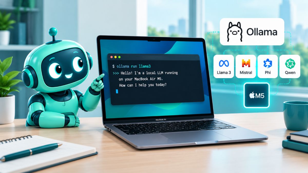 a robot pointing on a laptop with a program running