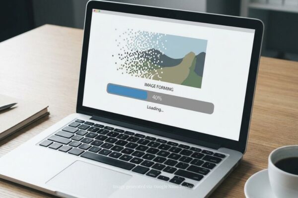 A laptop screen showing an image slowly forming from noise with a progress bar stuck partway