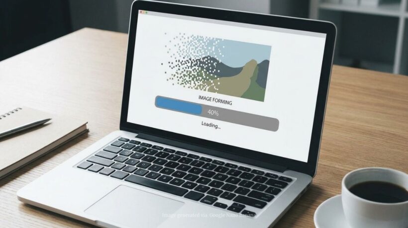 A laptop screen showing an image slowly forming from noise with a progress bar stuck partway