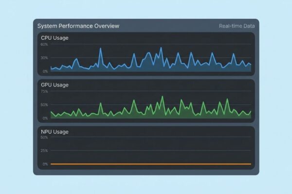 Windows Task Manager style graphs with the CPU and GPU lines active and the NPU line flat at 0%