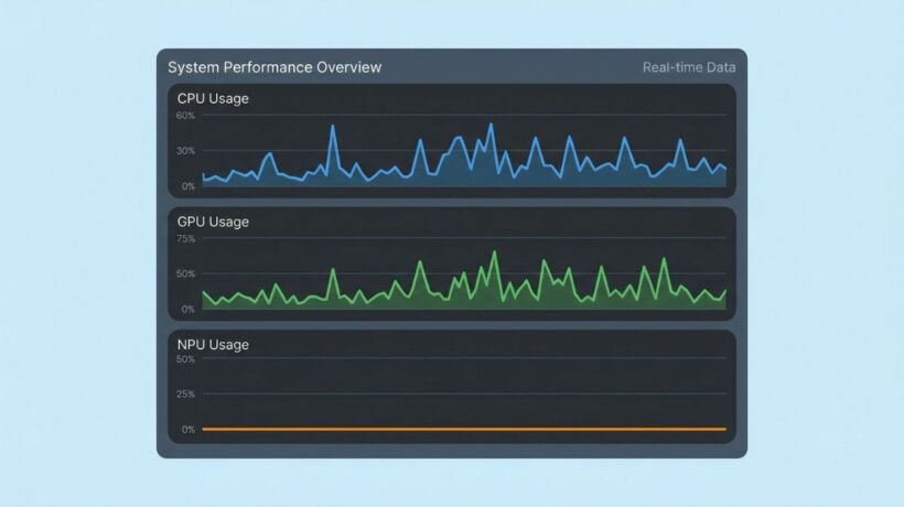 Windows Task Manager style graphs with the CPU and GPU lines active and the NPU line flat at 0%