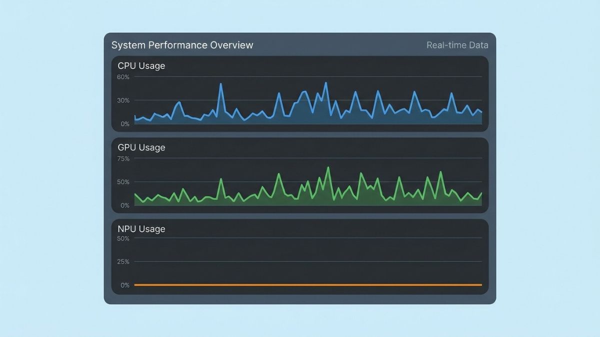 Windows Task Manager style graphs with the CPU and GPU lines active and the NPU line flat at 0%