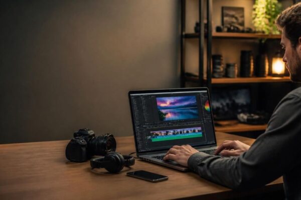a professional content creator working on a premium high-performance laptop at a modern creative workspace, laptop screen showing a video editing timeline