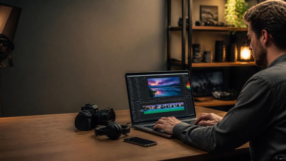 a professional content creator working on a premium high-performance laptop at a modern creative workspace, laptop screen showing a video editing timeline
