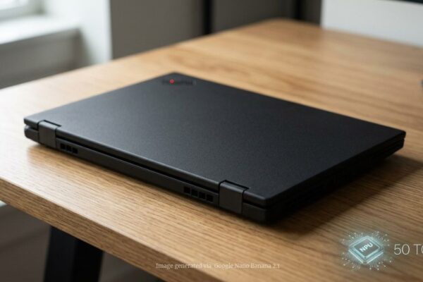 Closed black ThinkPad-style laptop on a clean, minimal wooden desk.