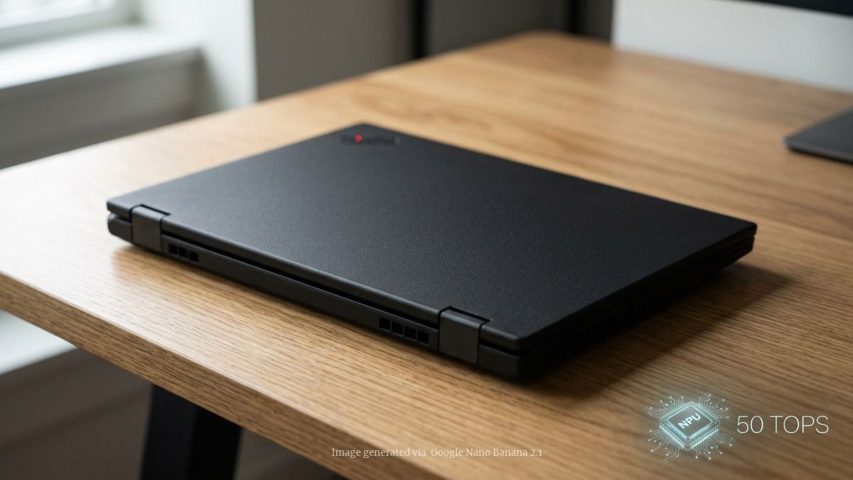 Closed black ThinkPad-style laptop on a clean, minimal wooden desk.