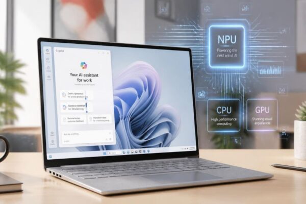 A thin Surface Laptop displaying an AI assistant interface, with subtle processor/AI graphics behind it.