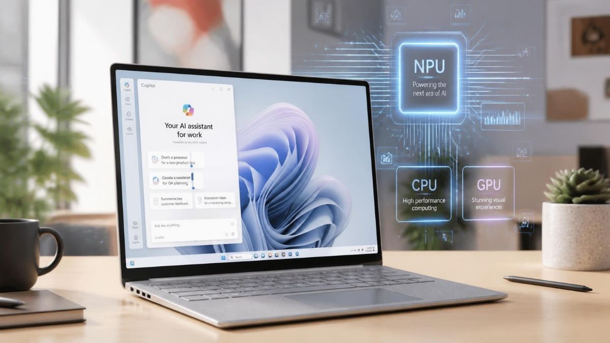 A thin Surface Laptop displaying an AI assistant interface, with subtle processor/AI graphics behind it.