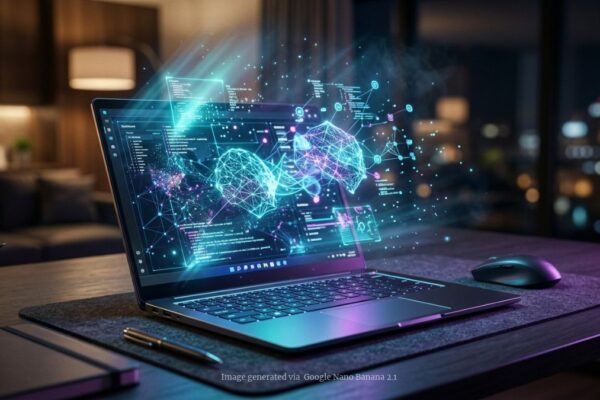 A sleek Windows laptop sitting on a modern desk. The screen shows a sophisticated AI agent interface with floating data visualizations and glowing neural network connections.
