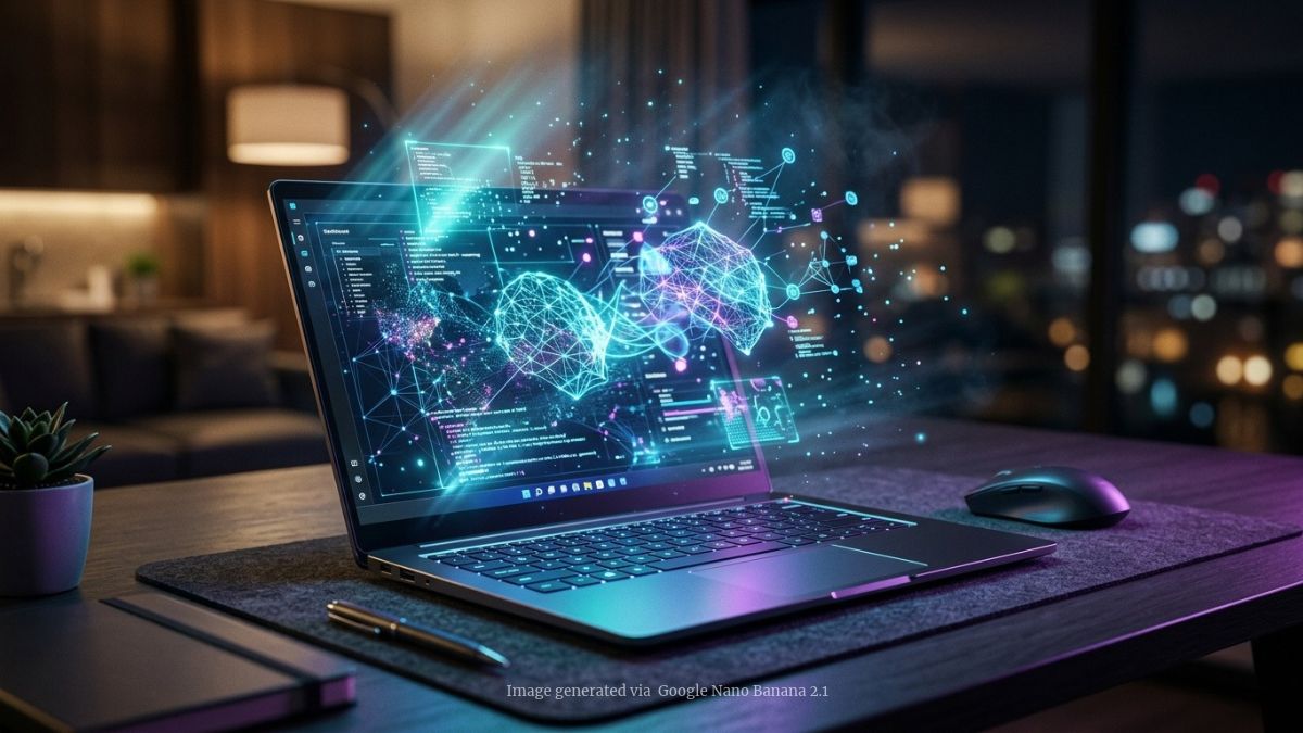 A sleek Windows laptop sitting on a modern desk. The screen shows a sophisticated AI agent interface with floating data visualizations and glowing neural network connections.