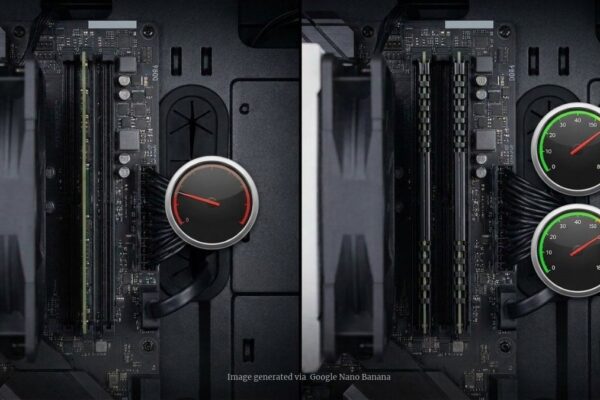 A split image comparing a single RAM stick labeled "single-channel" with two matched sticks labeled "dual-channel," each with a small speed gauge.