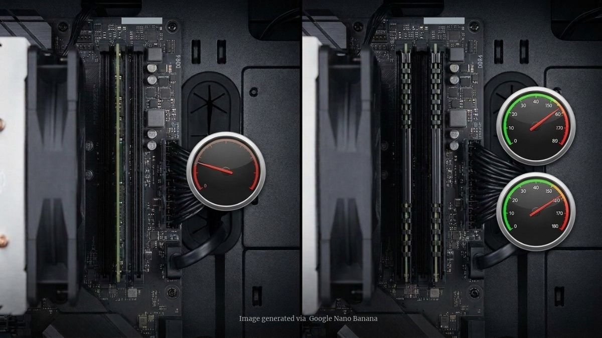 A split image comparing a single RAM stick labeled "single-channel" with two matched sticks labeled "dual-channel," each with a small speed gauge.