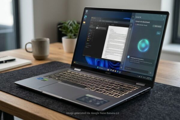 MSI Prestige N16 Flip AI+ open in laptop mode with a subtle local-AI interface visible on the screen.