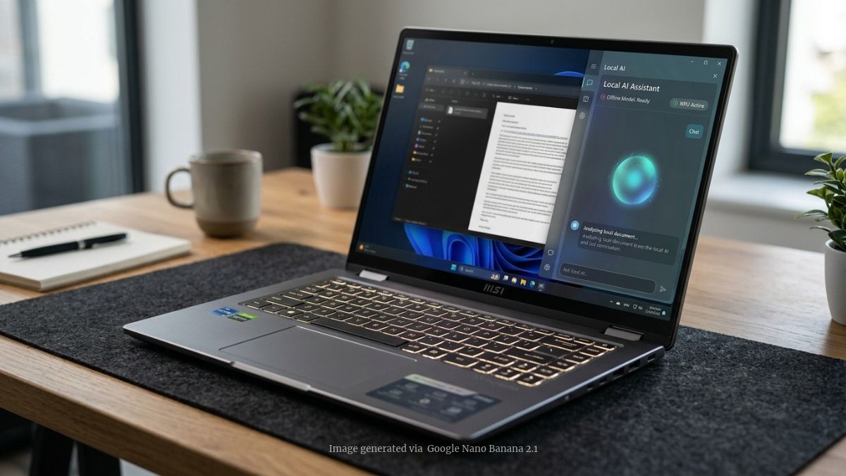MSI Prestige N16 Flip AI+ open in laptop mode with a subtle local-AI interface visible on the screen.