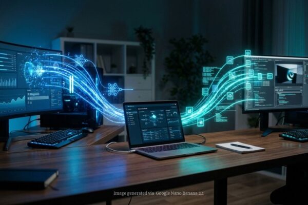 A modern laptop sitting on a clean desk, sending distinct streams of data or glowing task icons to two separate desktop computers positioned to its left and right.