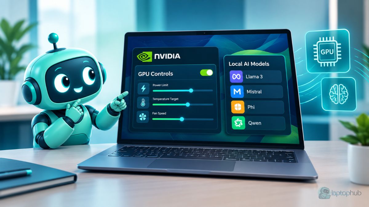 robot mascot points to a laptop displaying NVIDIA GPU controls and local AI models, including Llama 3, Mistral, Phi, and Qwen.