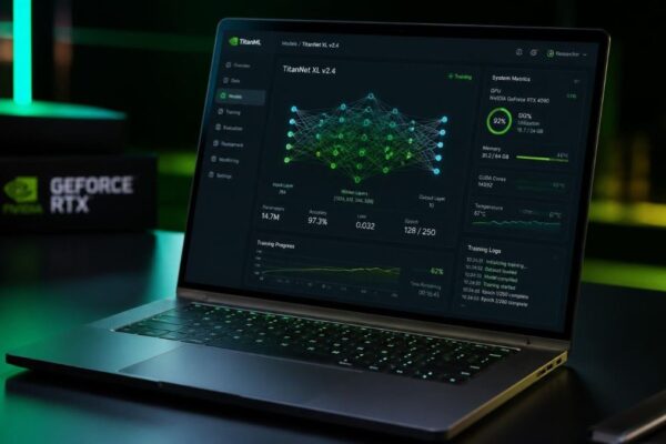 A premium laptop displaying a large AI model interface, with a subtle NVIDIA GPU visual in the background.