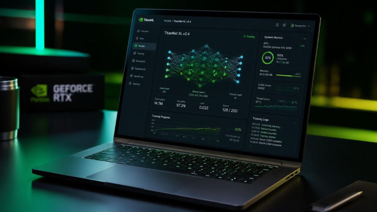 A premium laptop displaying a large AI model interface, with a subtle NVIDIA GPU visual in the background.