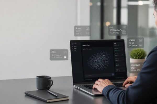 professional office worker using a powerful modern laptop at a clean desk, laptop screen displaying a local AI chatbot interface and neural network visualization