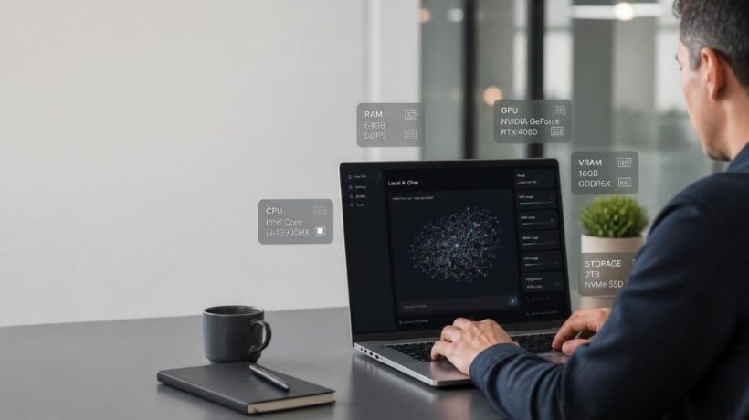 professional office worker using a powerful modern laptop at a clean desk, laptop screen displaying a local AI chatbot interface and neural network visualization