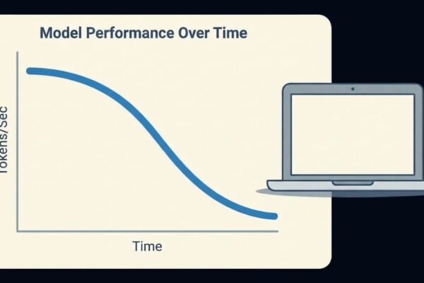 A simple line graph of tokens per second starting high and curving downward over time, next to a laptop icon