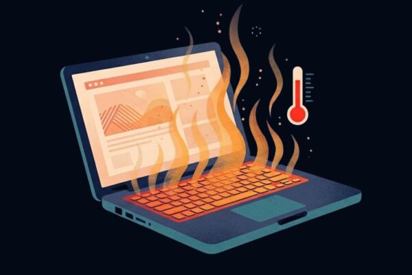 A laptop illustration with visible heat wave lines rising from the keyboard area, a small thermometer icon overlaid