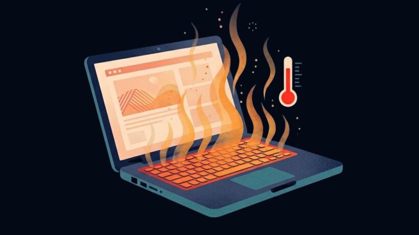 A laptop illustration with visible heat wave lines rising from the keyboard area, a small thermometer icon overlaid