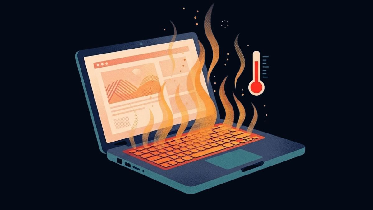 A laptop illustration with visible heat wave lines rising from the keyboard area, a small thermometer icon overlaid